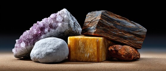 minerals rock background concept. Collection of various textured stones and minerals displayed in an artistic arrangement.