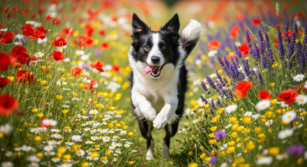 chien dans un champ de fleurs