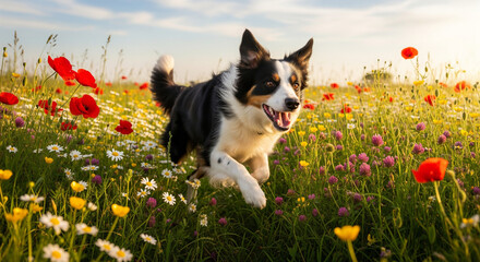 chien dans un champ de fleurs