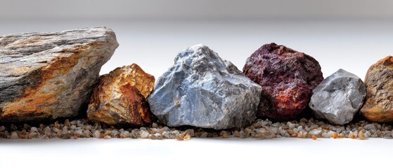 minerals rock background concept. Various textured rocks displayed in a line on a neutral background.