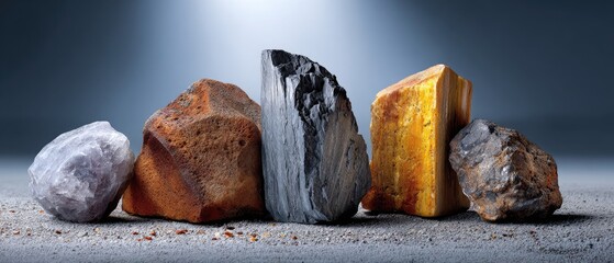 minerals rock background concept. Five unique rocks with varied textures and colors against a subtle background.