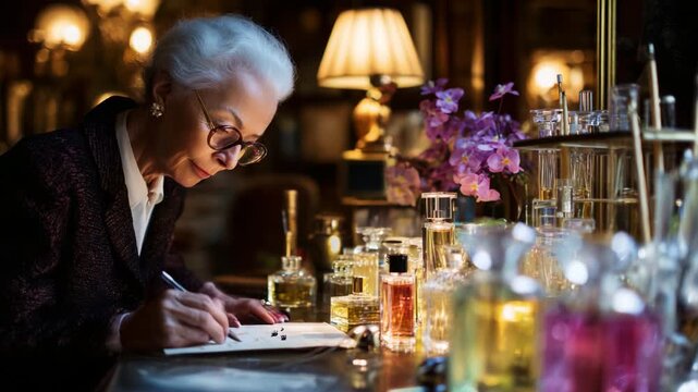 An elegant perfumer meticulously composes a new fragrance formula, surrounded by glass vials of diverse scents, flowers, and warm ambient lighting in a vintage-inspired studio.
