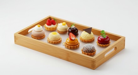 high-end dessert platter in frosted bamboo tray isolated on white background for food or dessert presentation