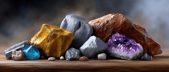 minerals rock background concept. A collection of colorful gemstones and minerals arranged on a wooden surface.