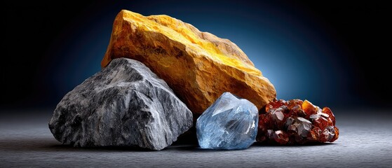 minerals rock background concept. Various colorful rocks arranged artistically on a dark surface with a soft blue background.