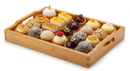 high-end dessert platter in frosted bamboo tray isolated on white background for food or dessert presentation