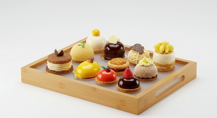 high-end dessert platter in frosted bamboo tray isolated on white background for food or dessert presentation