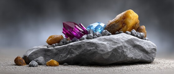 minerals rock background concept. A collection of colorful crystals resting on a textured stone surface.