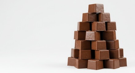 artisanal chocolate praline cubes in stackable frosted tower arranged neatly on a clean background for dessert or sweet treat concept