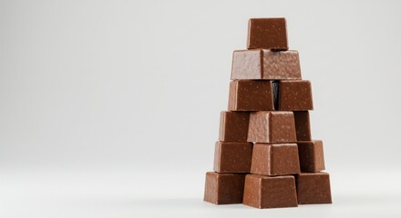 artisanal chocolate praline cubes in stackable frosted tower arranged neatly on a clean background for dessert or sweet treat concept