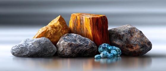 minerals rock background concept. Natural stones arranged artistically with contrasting colors and textures on a smooth surface.