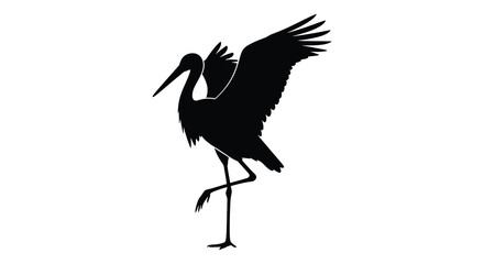 Elegant black silhouette of a majestic crane bird standing on one leg with wings outstretched in a graceful pose silhouette