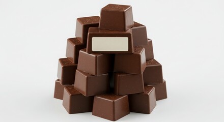 artisanal chocolate praline cubes in stackable frosted tower arranged neatly on a clean background for dessert or sweet treat concept