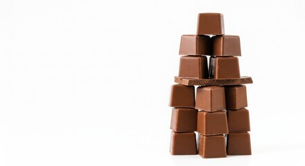 artisanal chocolate praline cubes in stackable frosted tower arranged neatly on a white background for dessert or sweet treat concept