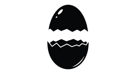 A cracked open egg with jagged edges revealing the inside in a stark black silhouette against a white background symbolizing new beginnings or breaking free silhouette