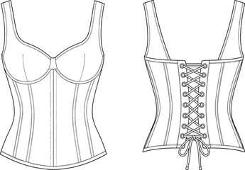 Corset top sketch, fashion illustration, technical garment drawing, front and back view, lace-up detail, structured silhouette, apparel design template