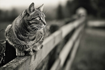 Black and white portrait of a tabby cat sitting on a wooden fence in a rural morning light