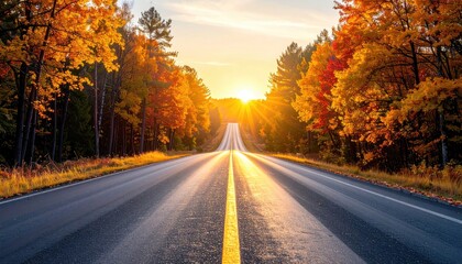 Fototapeta premium Sunlight Streaks Across Empty Asphalt Road Through Vibrant Autumn Forest During Golden Hour