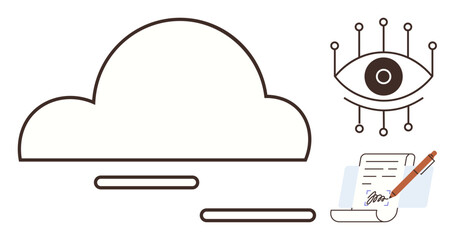 Cloud with digital processing lines, stylized eye for data security, pen on document. Ideal for tech, security, analytics, cloud storage, document management, innovation simple flat metaphor