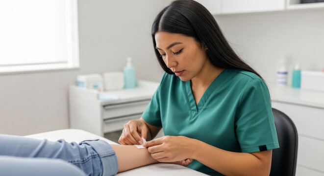 Nurse in green uniform is carefully helping patient by cleaning wound on their arm in bright healthcare setting, showcasing compassionate and professional lifestyle