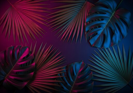 Creative fluorescent color layout made of tropical leaves. Flat lay neon colors. Nature concept.