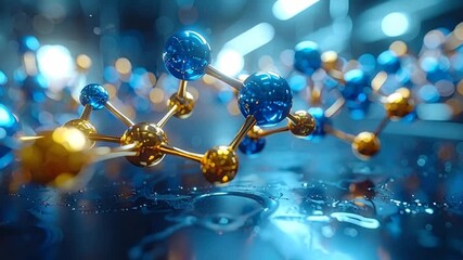 Dynamic molecular structures animation in blue and gold, with intricate scientific details - Powered by Adobe