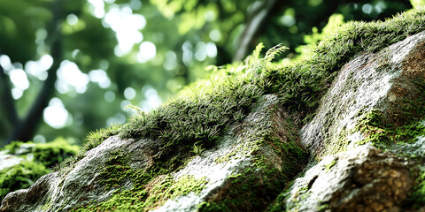 Moss-Covered Rock in Sunlit Forest
