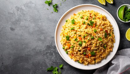 Top View Of Fried Rice On A White Plate Against A Grey Background.