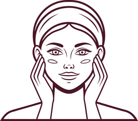 Beauty Face Skincare Lady Illustration. Elegant Woman Applying Skincare. Female Beauty Face Skincare Art. Natural Skincare Woman Face Design. Young Lady Facial Care Illustration. Modern Beauty Skin