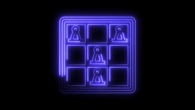 Glowing tic tac toe board with neon style pawns for game concepts