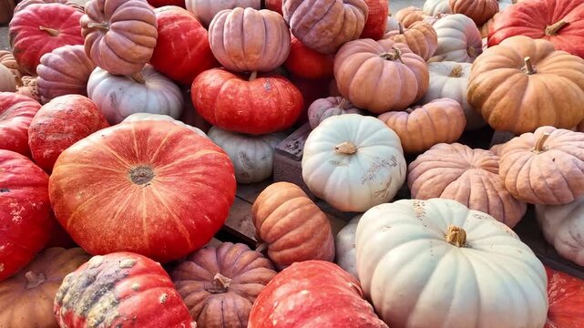 Collection of pumpkins (citrouille, Cucurbita pepo) and winter squash (potiron, Cucurbita maxima), illustrating diversity of edible gourds, with variations in color, shapes, textures, ribbing and form