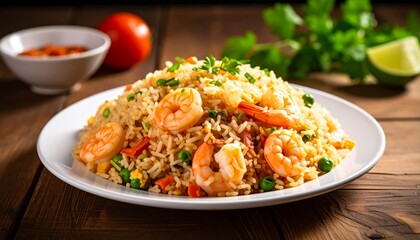 Shrimp Fried Rice On A White Plate On A Wooden Table