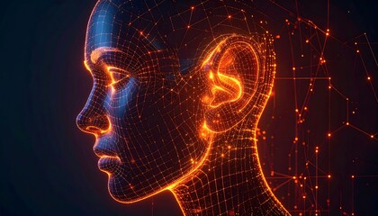 Obraz premium A glowing, side-profile portrait of a wireframe human head
