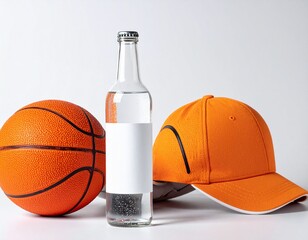 Basketball, Water Bottle, and Cap Sports and Hydration Still Life