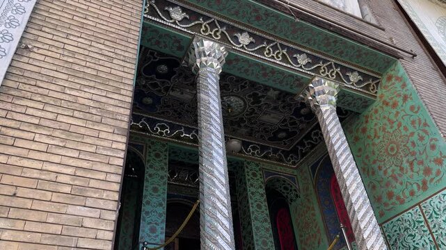 Persian turquoise blue green color stylish luxury architecture interior vivid decorative art in Golestan Palace yard traditional mansion ancient heritage UNESCO landmark Tehran Iran tourism outdoors