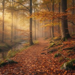 Obraz premium Tranquil autumn forest path illuminated by soft sunlight filtering through colorful leaves and mist
