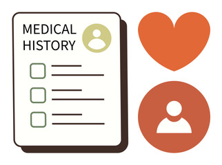 Fototapeta premium Medical history checklist with bullet points, heart symbol, and user icon. Ideal for healthcare, personal records, medical data, patient wellbeing, health apps, clinical care simple flat metaphor