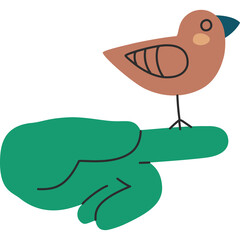 Simple Cartoon Illustration of a Brown Bird Perched on a Green Hand Against a White Background