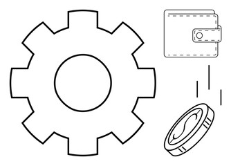 Gear, wallet, and coin with clean outlines symbolizing financial management, automation, and savings. Ideal for business, economy, fintech, technology investment innovation and productivity