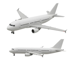 Obraz premium Two different views of a modern white passenger airplane isolated on a white background.
