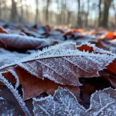 Frost-covered leaves blanketing the forest floor, capturing the serene beauty of winter's arrival