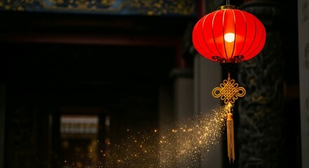 Traditional Chinese Red Lantern Illuminates Festive Atmosphere with Golden Sparkles