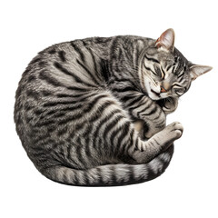 Fototapeta premium A peaceful grey and black striped tabby cat is curled up tightly, sleeping soundly on a clean white background.