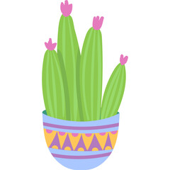 A Cute Pixel Art Potted Cactus Plant With Pink Flower Buds In A Colorful Southwestern Patterned Pot On A Transparent Background