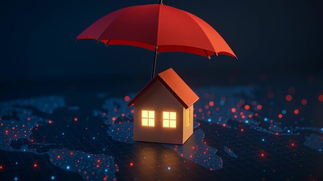 International real estate investment. Small House Under Red Umbrella Symbol of Protection and Security with Digital Map Illumination in Modern World