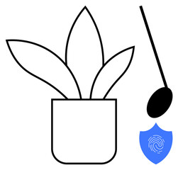 Potted plant with bold lines, magnifier over a fingerprint shield, combining natural growth and data protection. Ideal for technology, environment, privacy, security themes, biometrics, research