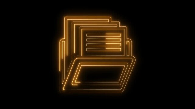 Glowing neon folder animation with documents in black background for file management concept