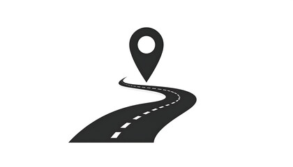 A dark, winding road silhouette ascends into an illustrated location marker set against a white background