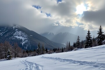 Fototapeta premium Quiet mountain clearing after snowfall, sunlight breaking through clouds, detailed snow texture and atmospheric mist.