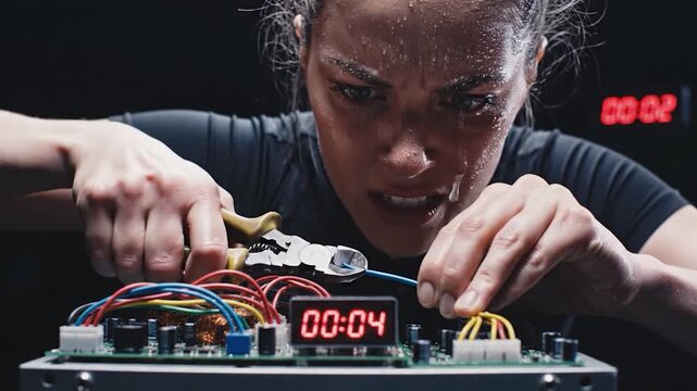 Person disarming bomb with pliers cutting wires time pressure tension